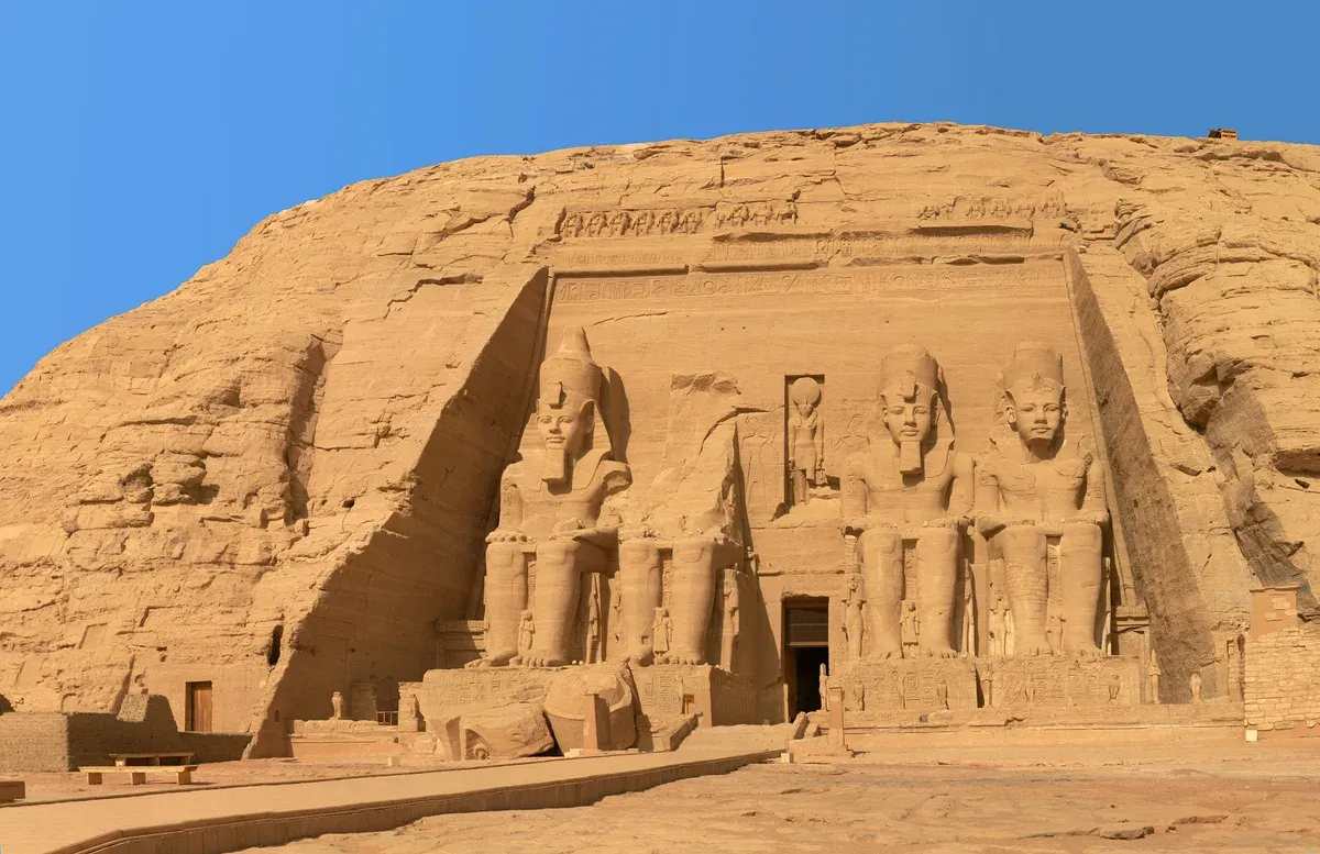 The Great Temple of Ramesses II with its four seated colossi on a luxury Egypt tour, Abu Simbel, Egypt