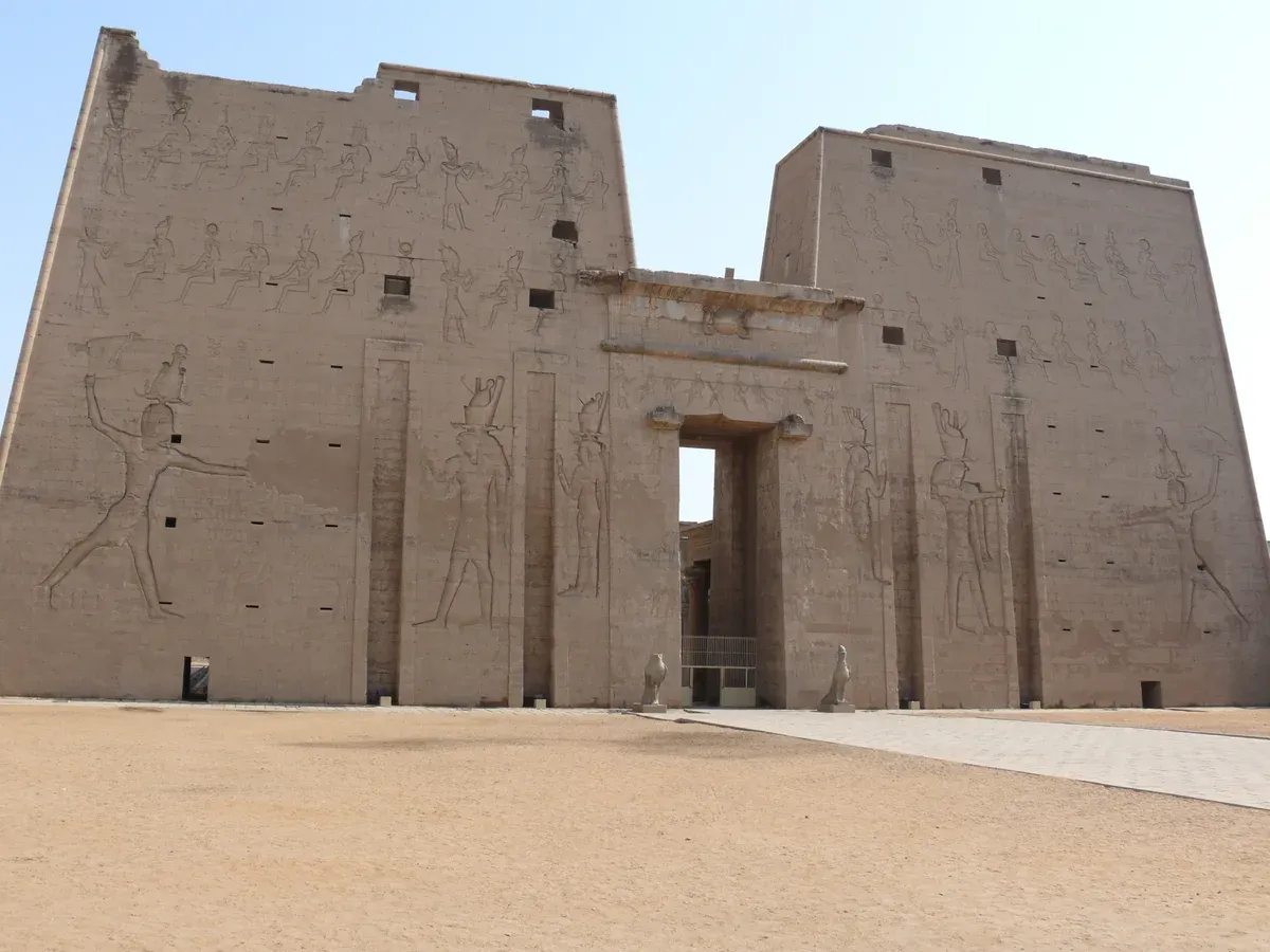 The pylon of the Temple of Horus at Edfu on a luxury Egypt tour, Edfu Temple, Egypt