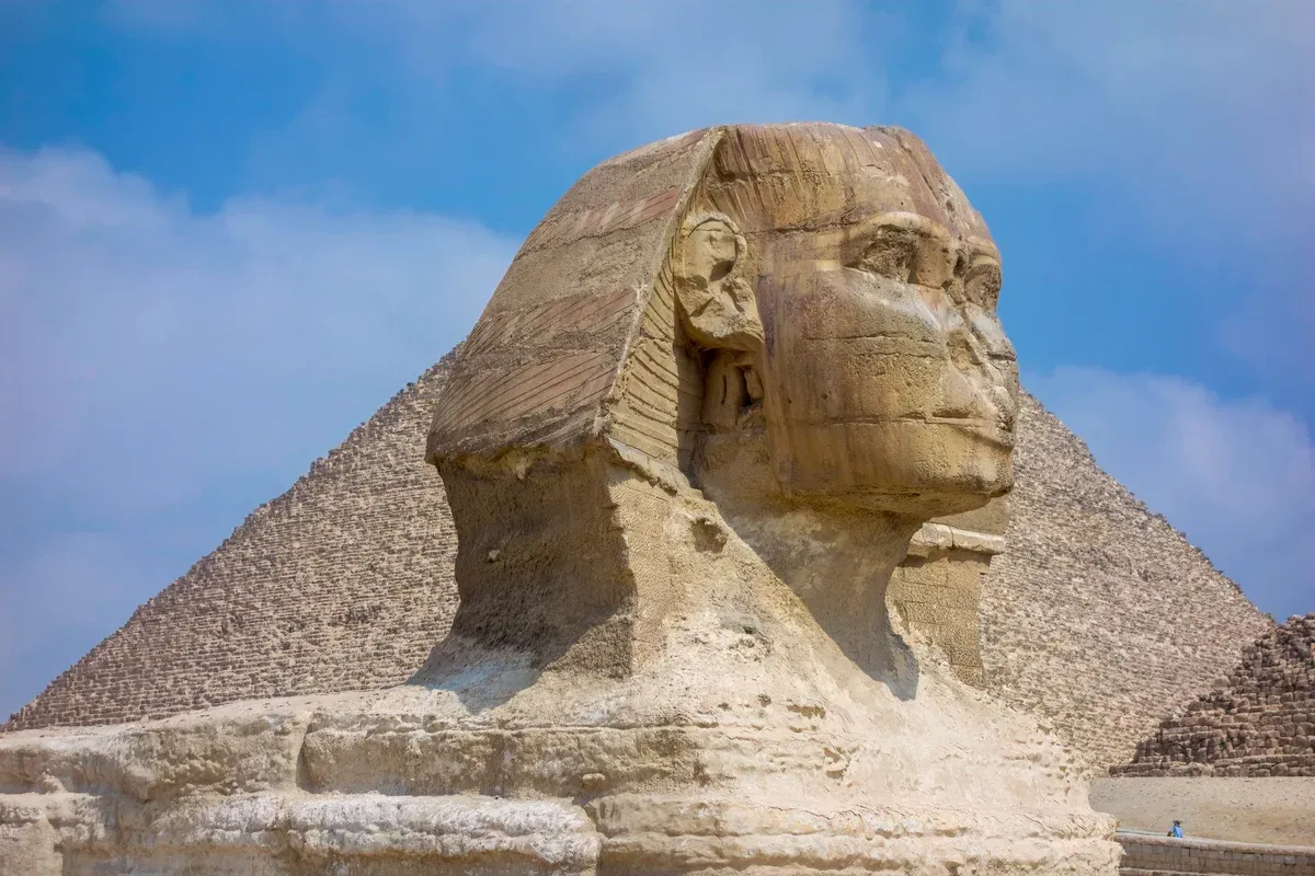 The Great Sphinx in front of the Giza pyramids on a luxury Egypt tour, Giza Plateau, Cairo, Egypt
